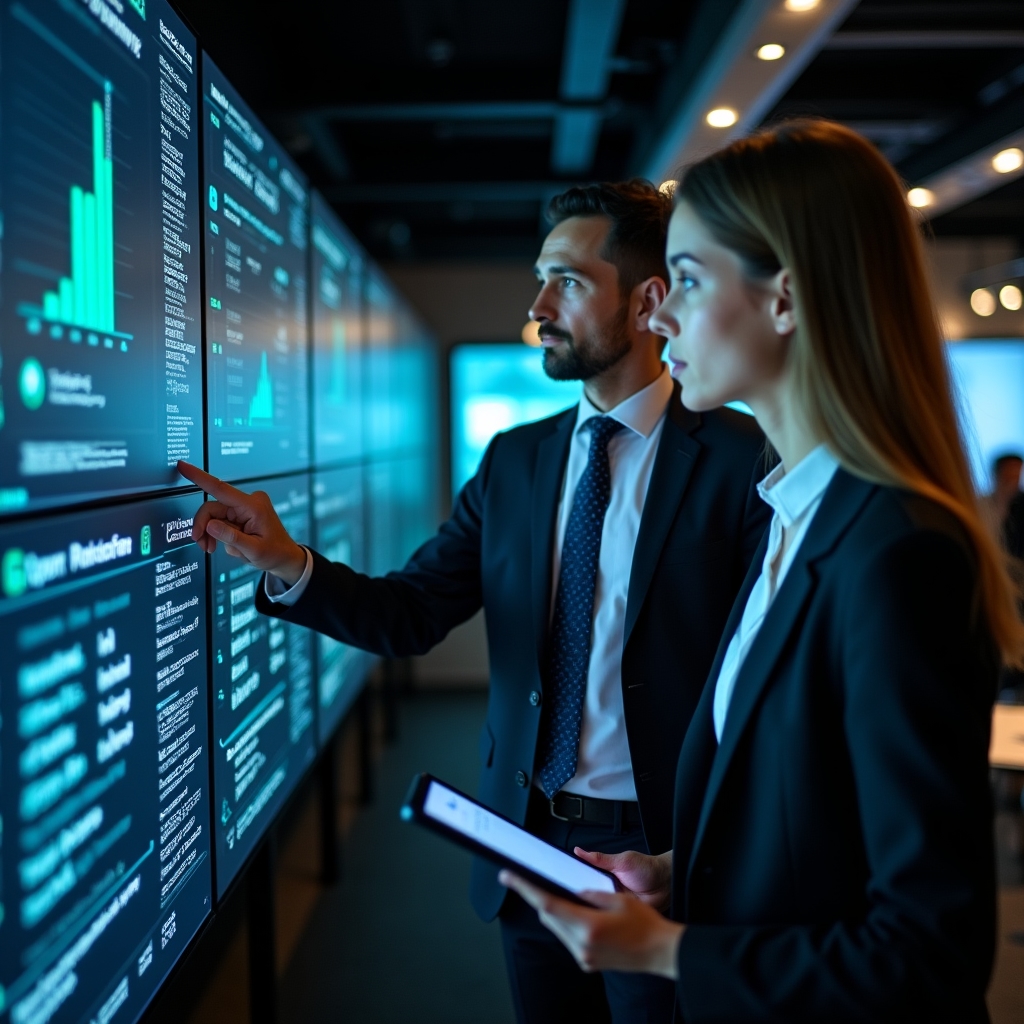 Platform security team reviewing compliance monitoring systems in a professional tech environment